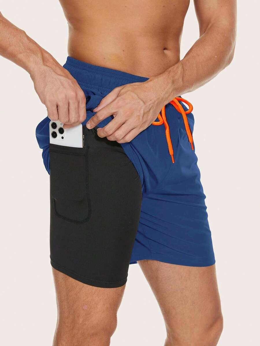 Manfinity Swimmode Men's Drawstring Waist Beach Shorts With Compression Lining