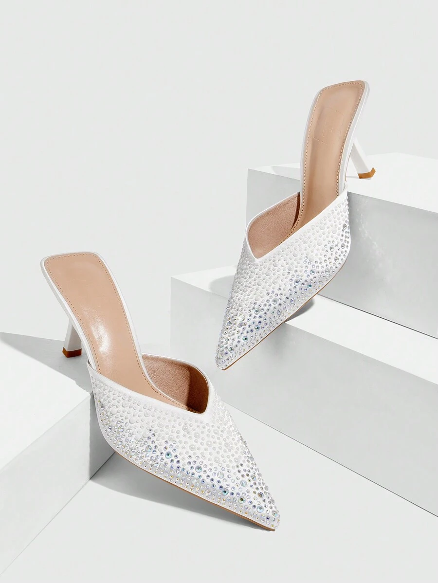 CUCCOO SZL Zapatos de tacón alto tipo mule con puntera fina y detalles de cristales, de estilo sexy y sin talón trasero para mujer