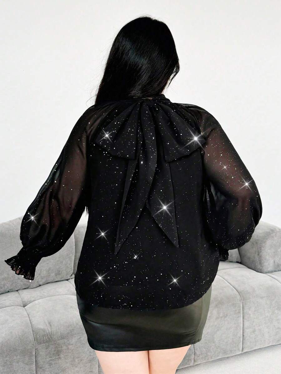 Vibekara Plus Size Staande Kraag Trekkoord Strik Chiffon Pailletten Feest Casual Elegante Blouse met Lange Mouwen