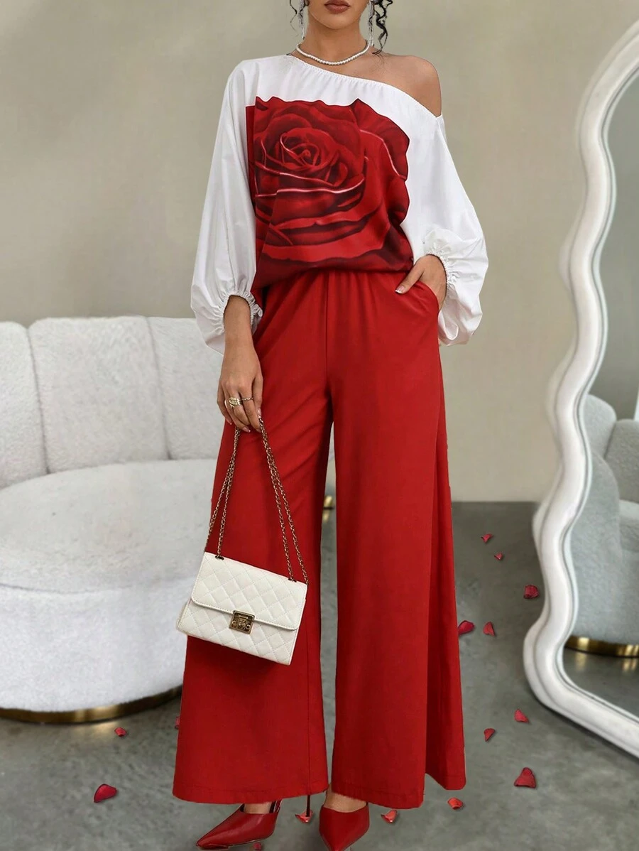 Allurite Vrouwen Elegante Bloemen Lantaarn Mouw Schouder Top En Effen Kleur Broek 2-delig Pak