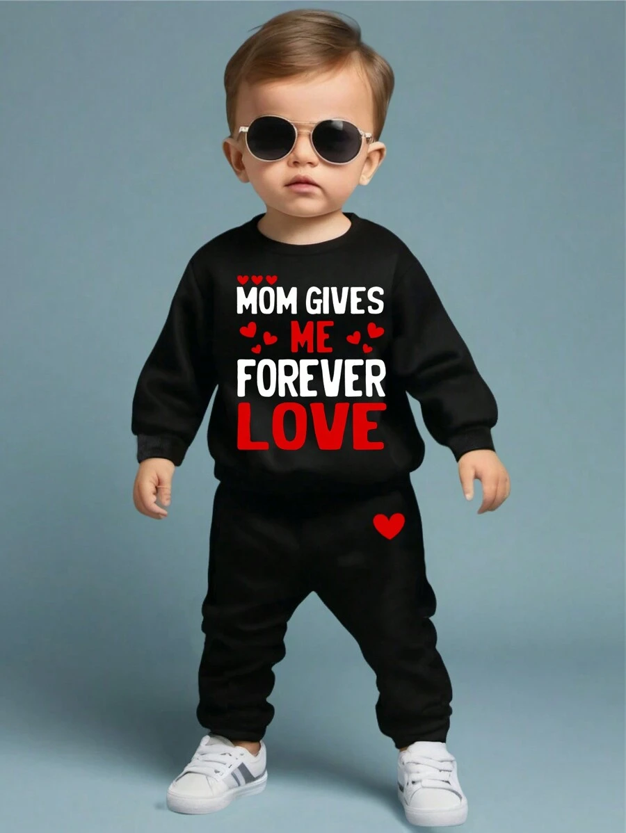 SHEIN Baby Boy Casual Minimalist Letter Pattern Knit Soft Crew Neck Sweatsuit, Thick Hoodie Outfit Set For Valentine's Day