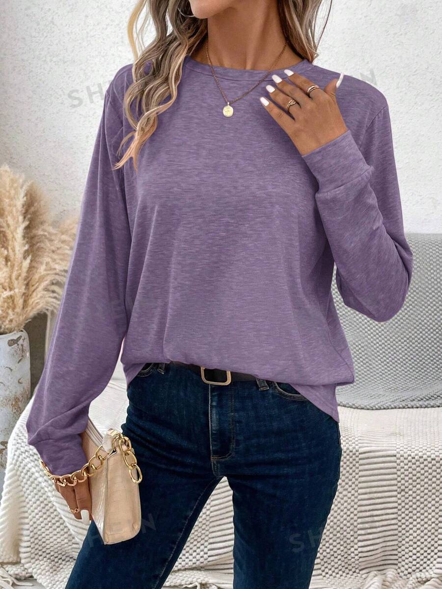 SHEIN LUNE Camiseta de manga larga de cuello redondo de unicolor informal para mujer