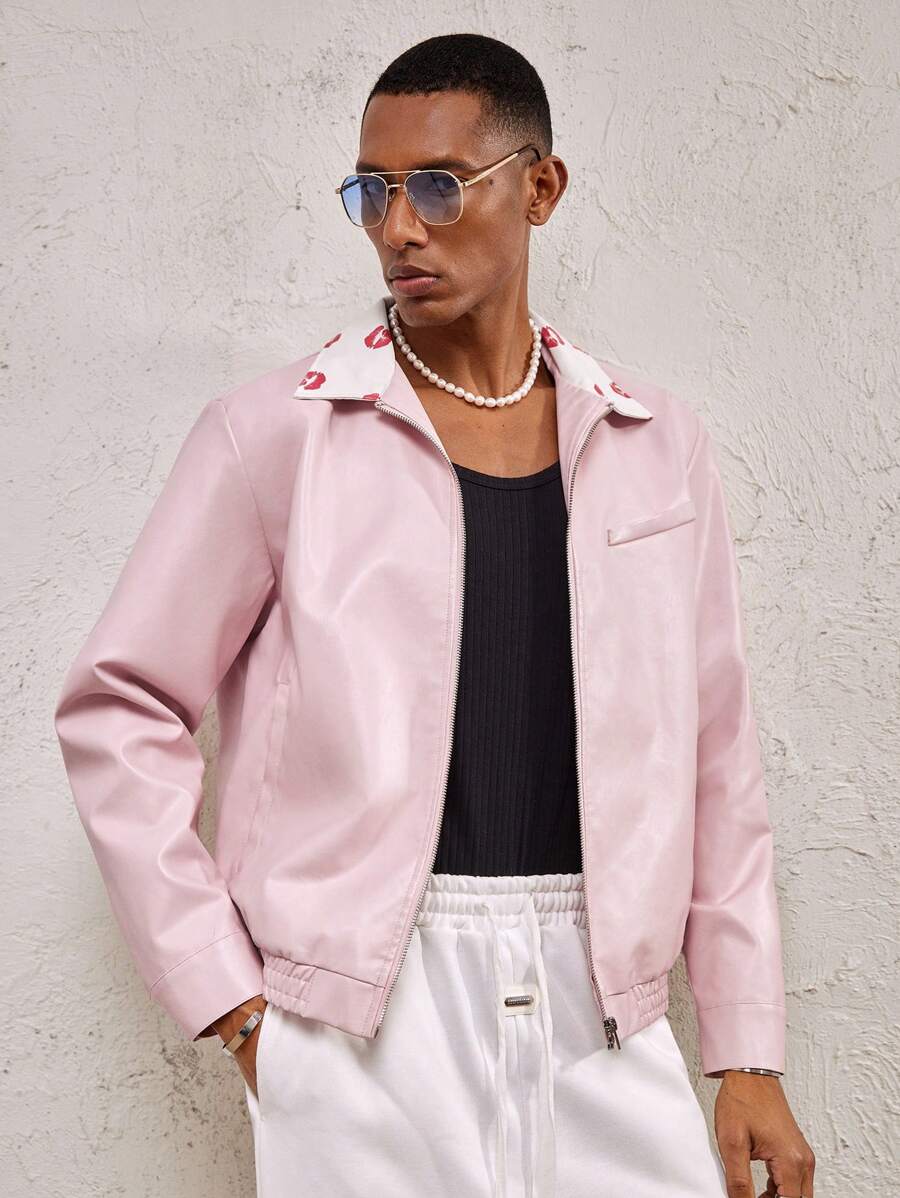 AKNOTIC Party Men's Pink Patchwork Color Block Lip Print Collar Woven PU Loose Drop Shoulder Turndown Collar Fashion Casual Open Front Jacket, Suitable For Spring/Summer, Couples, Valentine's Day, Party