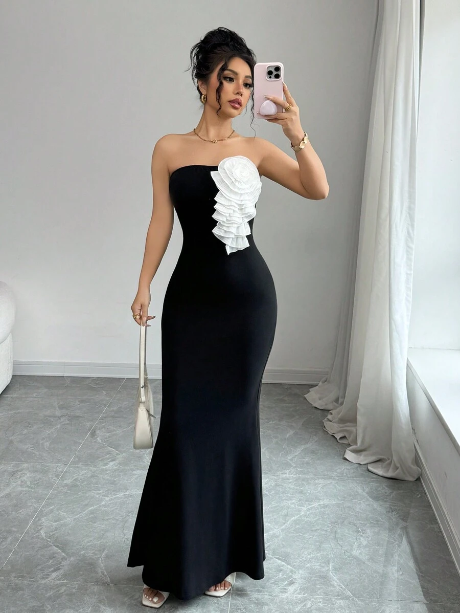 Elenzga Women Elegant Tube Dress With Sculpted Floral Design Fishtail Dress