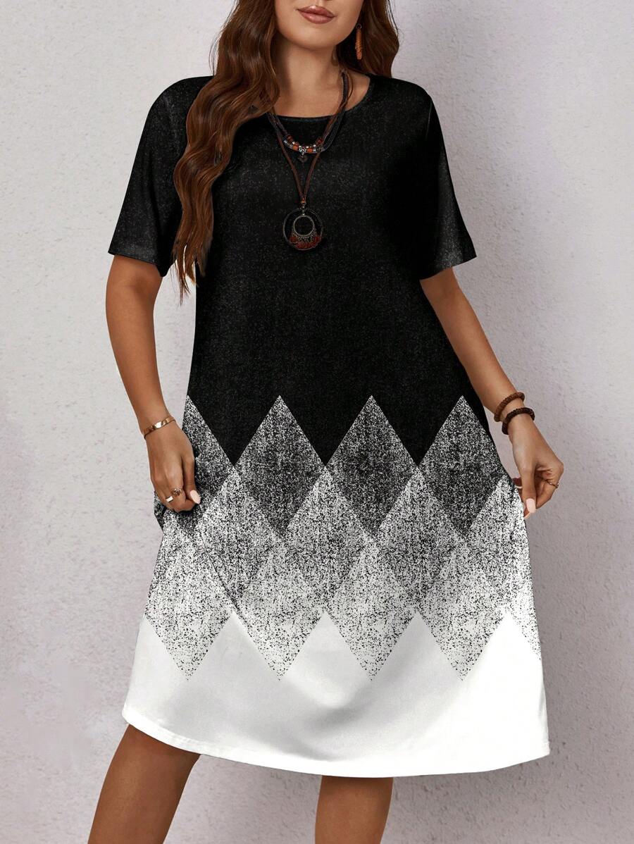 EMERY ROSE Plus Size Women Textured Geometric Ombre Print Dress, Suitable For Summer