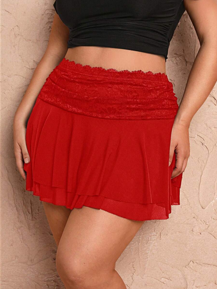 SHEIN BAE Falda mini con volantes brillantes, estilo de ballet con parches de encaje para mujer talla grande, adecuada para boda, dama de honor, fiesta, banquete / Falda negra / Falda de verano / Falda Y2k / Verano