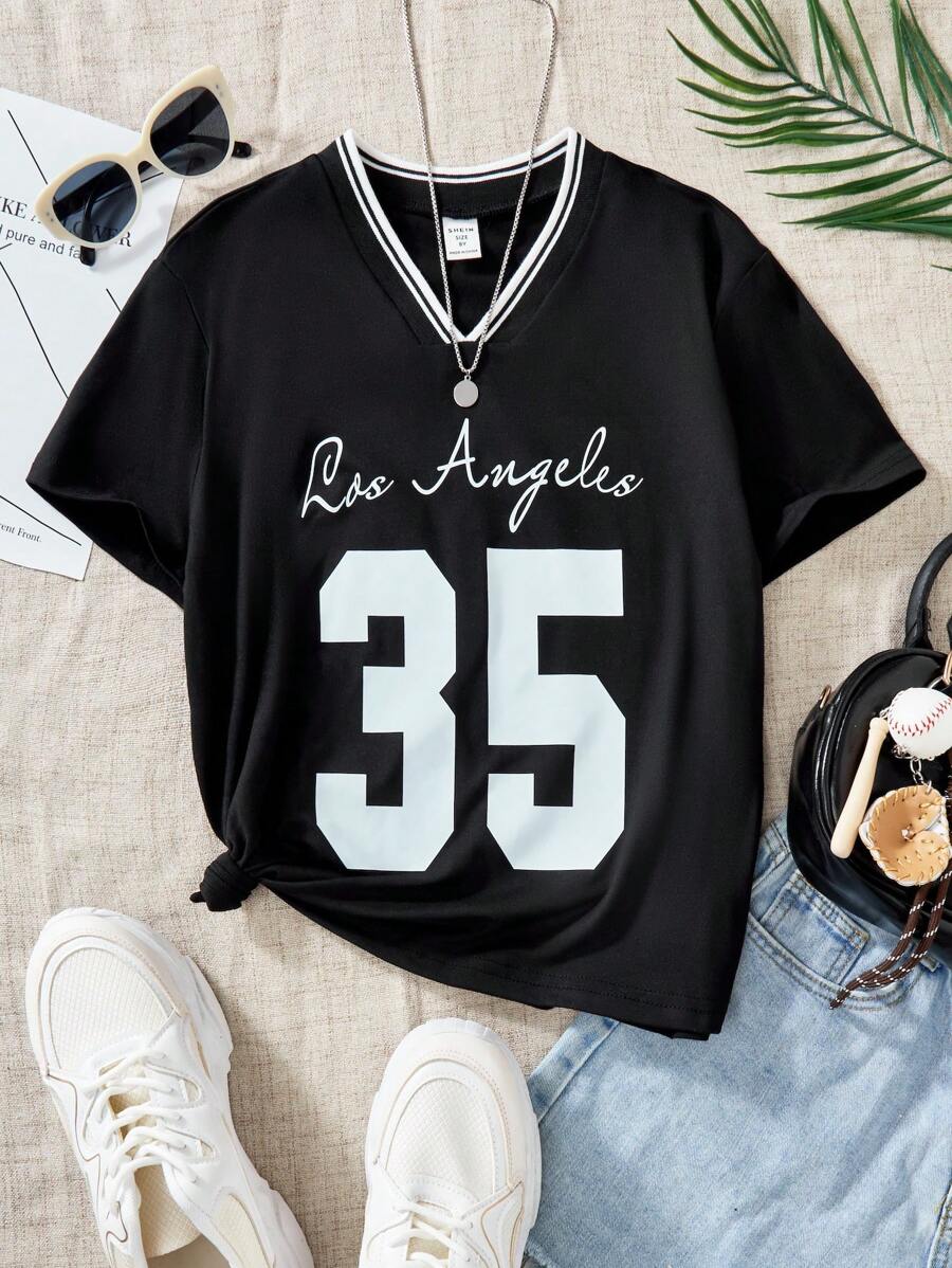 Camiseta de manga corta con cuello en V y estampado numérico de Los Ángeles para niña preadolescente, uso casual y versátil para el día a día