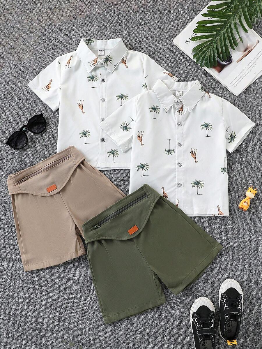 6 piezas de conjunto de camisas con cuello polo de botones y pantalones cortos casuales con diseño de árbol de palma y paisaje marino en colores alegres, adecuado para uso diario, escuela, resort, playa, campamento de verano, verano, para niños