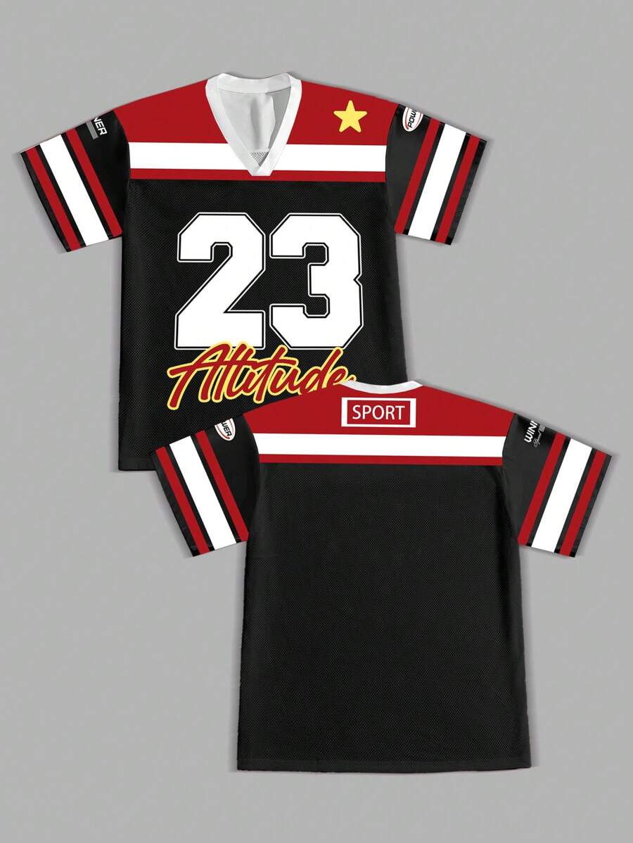 Manfinity EMRG Graficzny, obszerny, sportowy T-shirt z dekoltem w serek i siateczką z nadrukiem na całej powierzchni dla mężczyzn