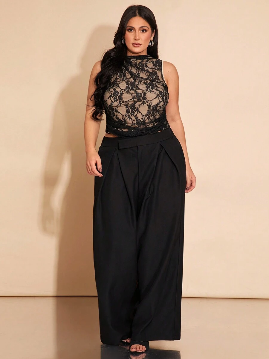 SHEIN BAE Plus Size Women Black Wide Leg Pants, High Waist Full Length Trousers, Suitable For Valentine's Day, Carnival, Beach, Holiday, Back To School, Spring/Summer, Commute, Daily Wear, Date
