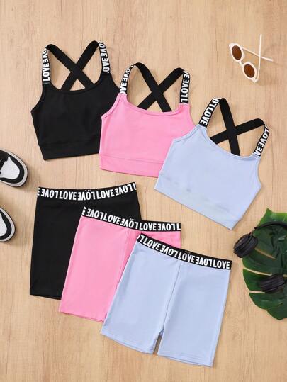 SHEIN 3pcs/Set Tween Girls Casual Sporty Solid Color Letter Print Cami Top And Shorts Set