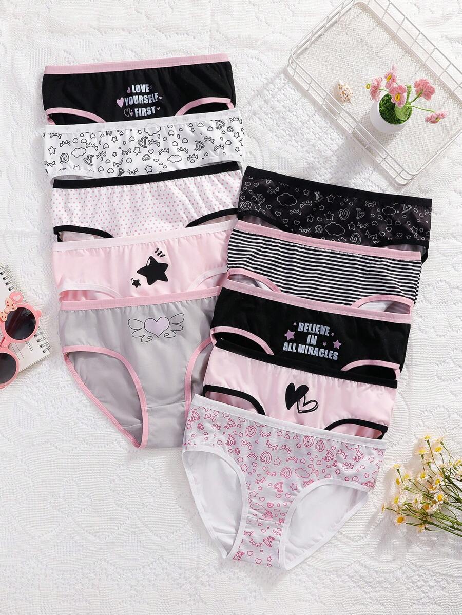 10pcs/Pack Girls Heart, Star, Line & English Letter Allover Print Fashionable Cute Cartoon Styles Underwear For Young Girls