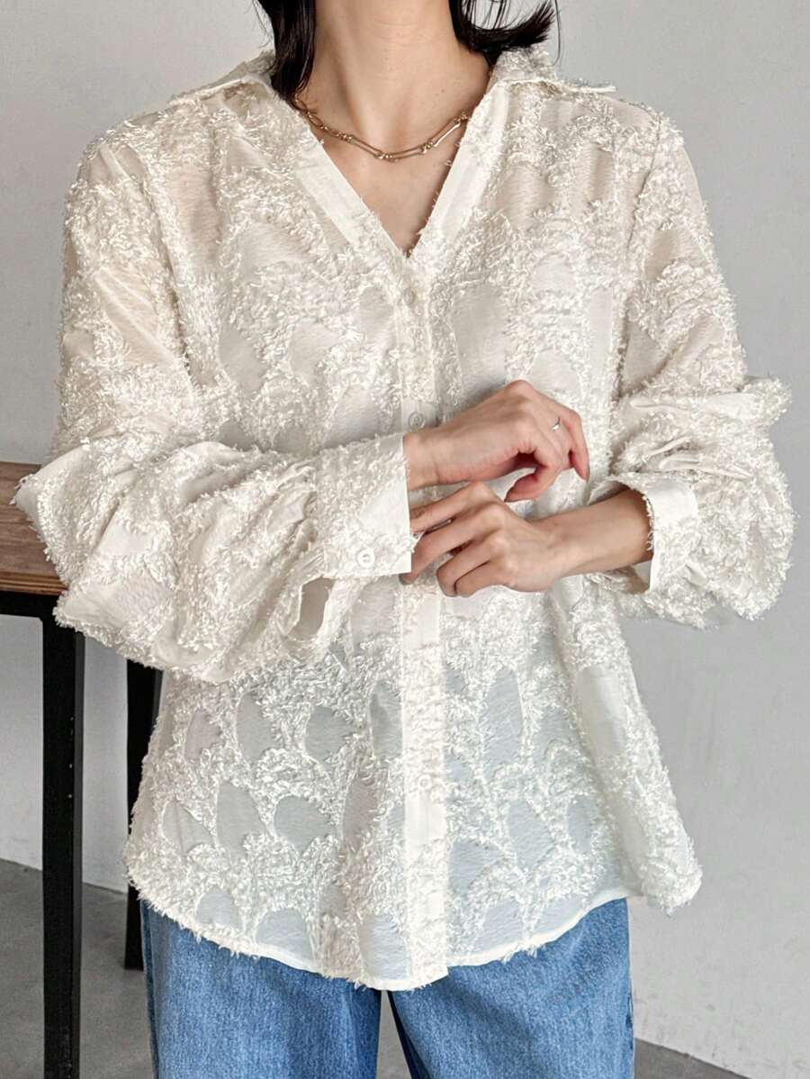 FRIFUL Women's Loose Fit Long Lace Embroidered Blouse Shirt