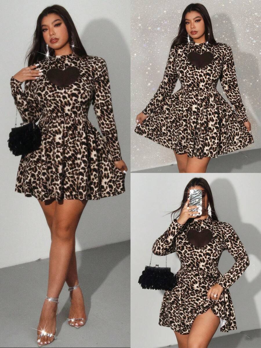 Allurite Plus Size Black Hollow Heart Embroidered Mock Neck Long Sleeve Leopard Print Flared Hem Knit Dress, Elements: Valentine, Rose, Heart, Polka Dot, Love, Lip, Cupid, 179D Flower