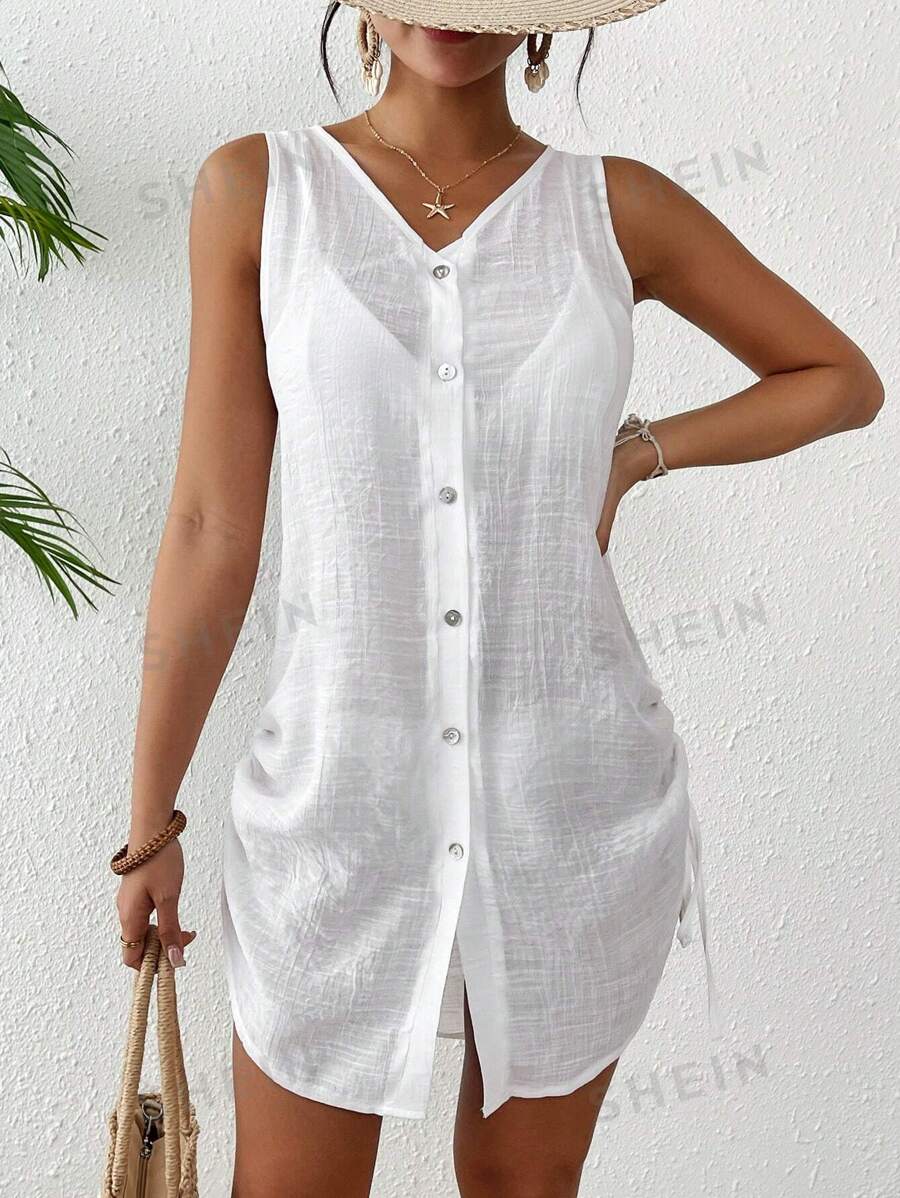 Swim Lushoire Damen einfarbiger Kimono-Cover-Up mit Knopfleiste ohne Ärmel für Sommer Strandurlaub