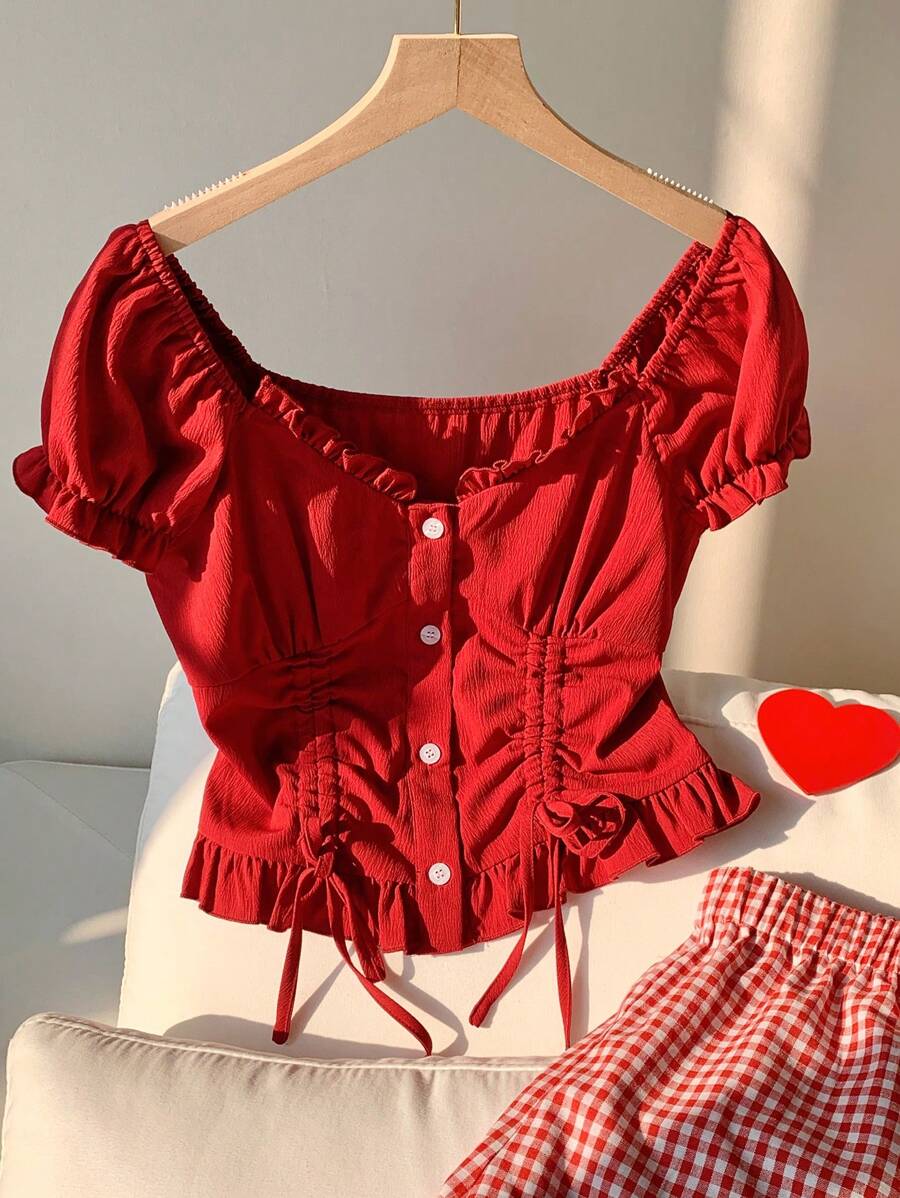 Comfortcana Women's Solid Color Ruffled Short Puff Sleeve Single-Breasted Drawstring Blouse, Valentine's Day Gifts