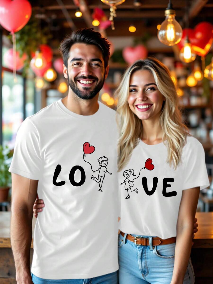 Manfinity Homme Camiseta blanca de manga corta ajustada con estampado de elementos de pareja de dibujos animados casual para el Día de San Valentín, adecuada como regalo para el novio
