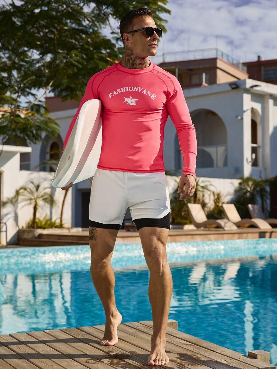 Manfinity Swimmode Set de 2 piezas con Top de manga larga con estampado de letras y bóxer de natación para hombre