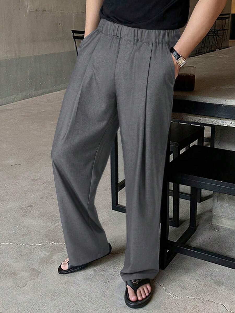Manfinity Hypemode Manfinity Hypemode Elastic Waist Casual Pants, Loose Straight Leg Versatile Fashion Long Pants
