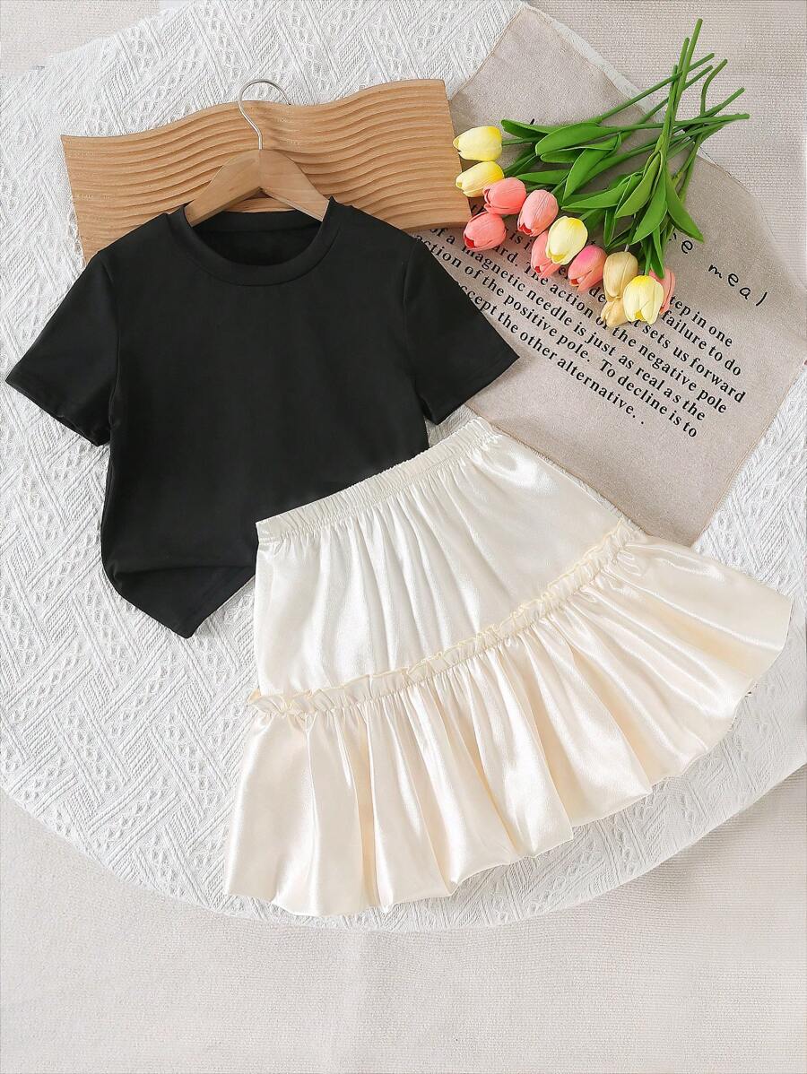 SHEIN Fete Casual Minimalist Zilnic Decolteu rotunjit Mânecă scurtă Tricou cu talie înaltă, lucioasă, Culoare uni, Mini fuste plisate