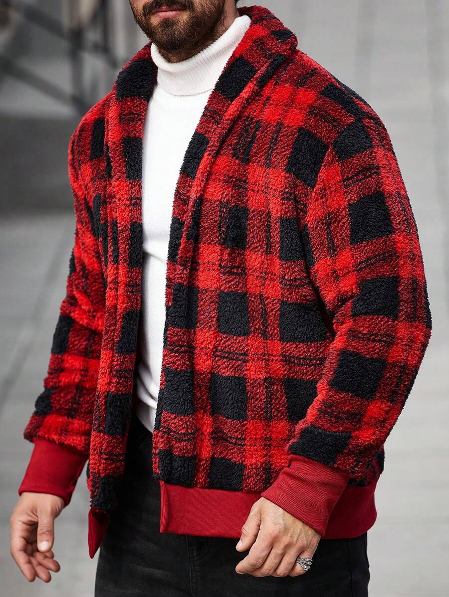 Manfinity Homme Chaqueta de forro polar casual a cuadros para hombres, otoño/invierno