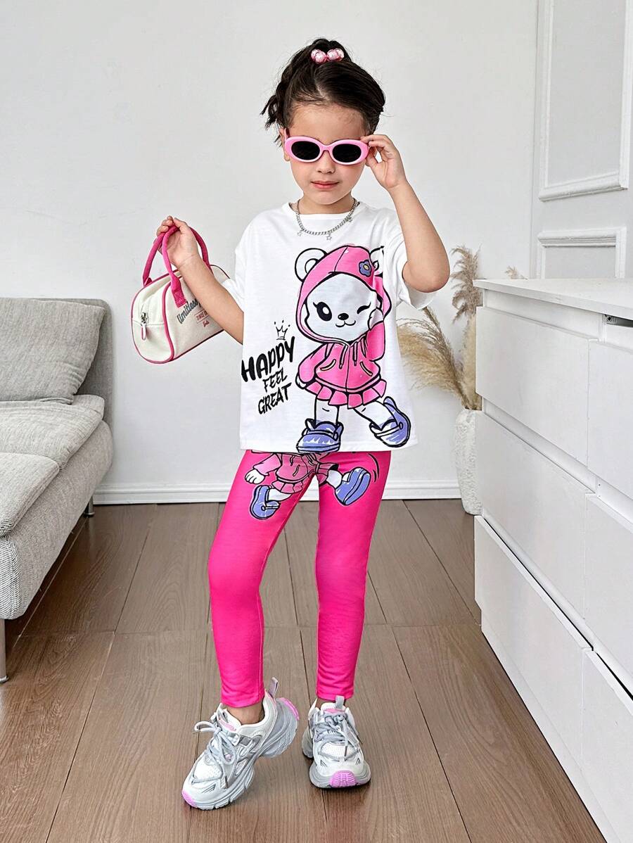 Set de 2 piezas: Camiseta de cuello redondo con patrón de gato lindo y pantalones ajustados para niñas jóvenes