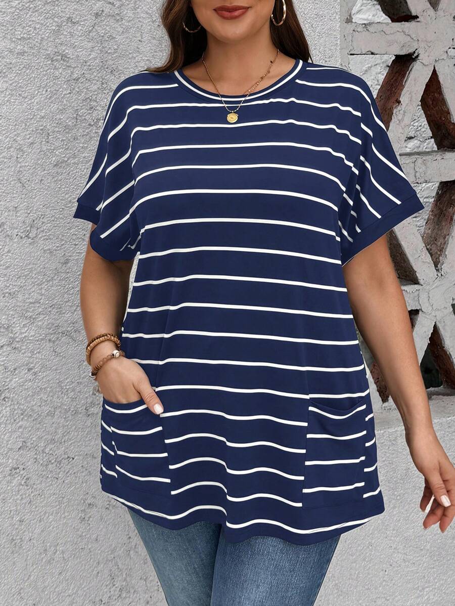 SHEIN LUNE Plus Blue & White Striped Short Sleeve Loose Fit Summer T-Shirt