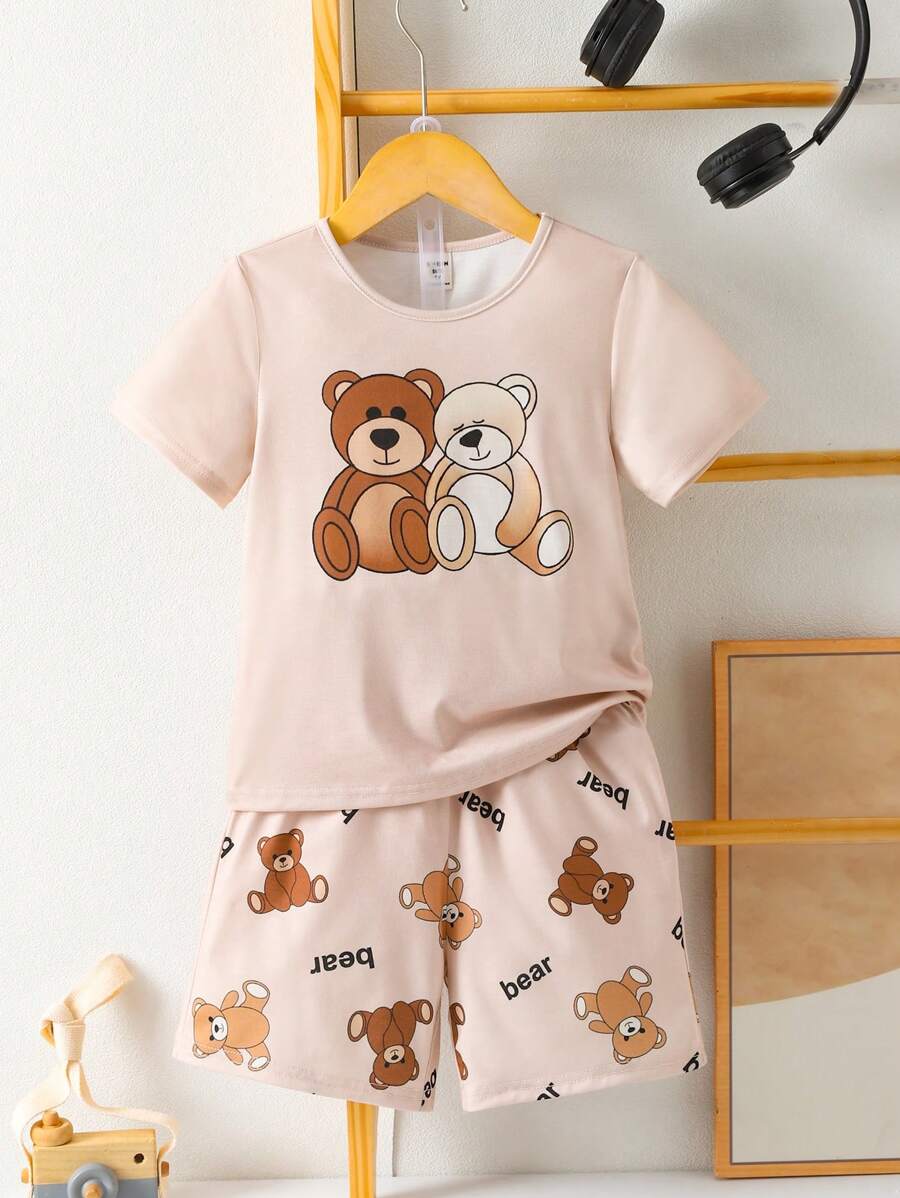 Jonge jongen 2 stuks schattige beer grafische ronde hals korte mouwen shorts casual comfortabele pyjama set