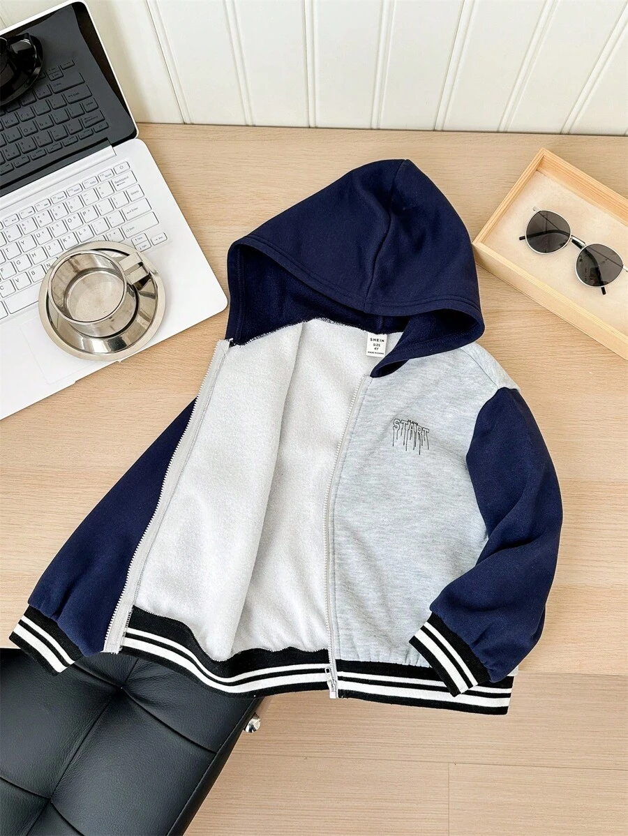 SHEIN 1 szt. Młodzieżowa Akademia Casualowa Wygodna Moda Minimalistyczna Praktyczna Wszechstronna Kurtka z kapturem z nadrukiem angielskim Termiczna podszewka, Nadaje się do codziennego noszenia, szkoły, wycieczek, sportu, jesień/zima