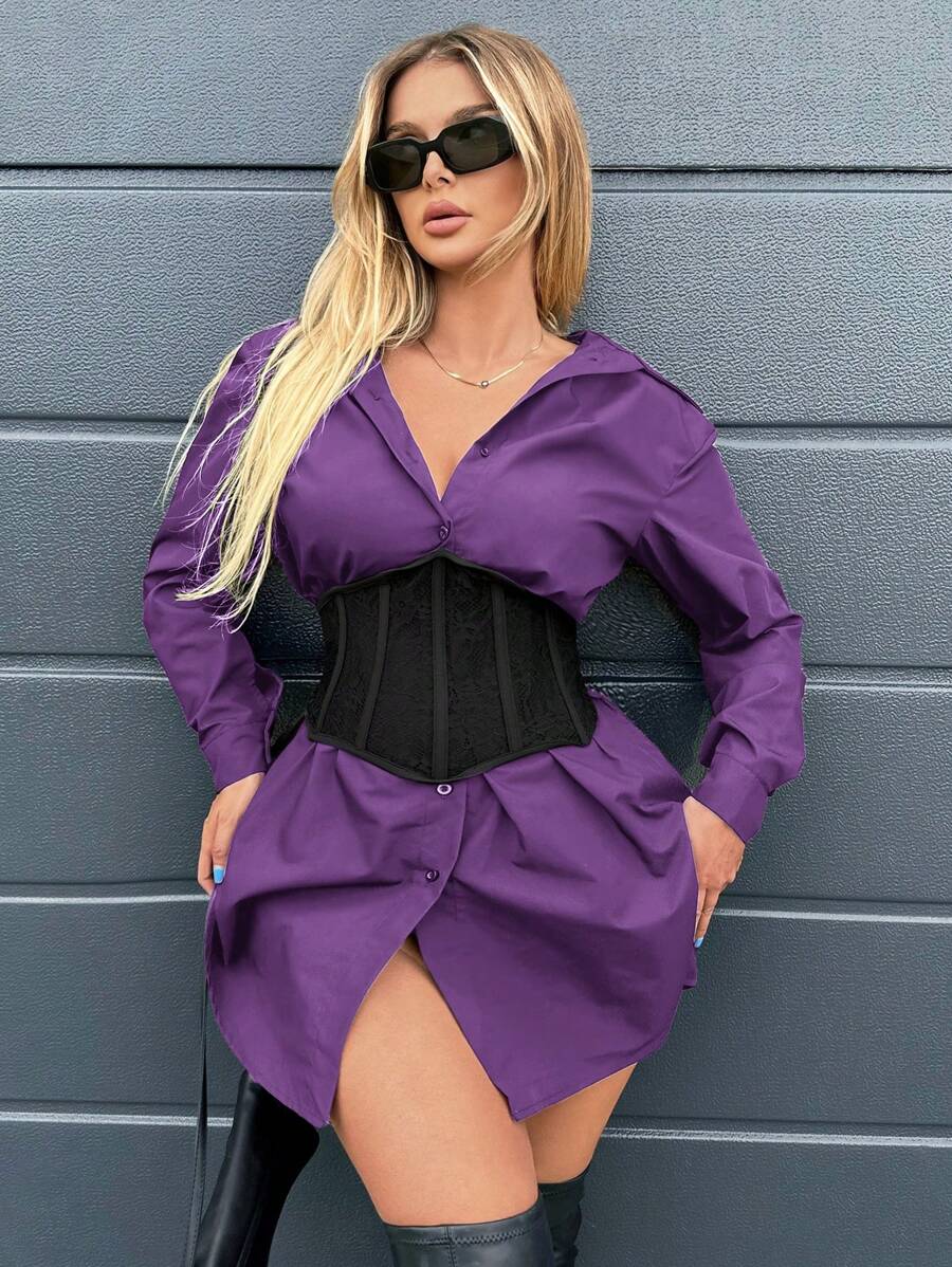 SHEIN SXY Women's Long Sleeve Single-Breasted Waist-Cinched Casual Shirt Dress