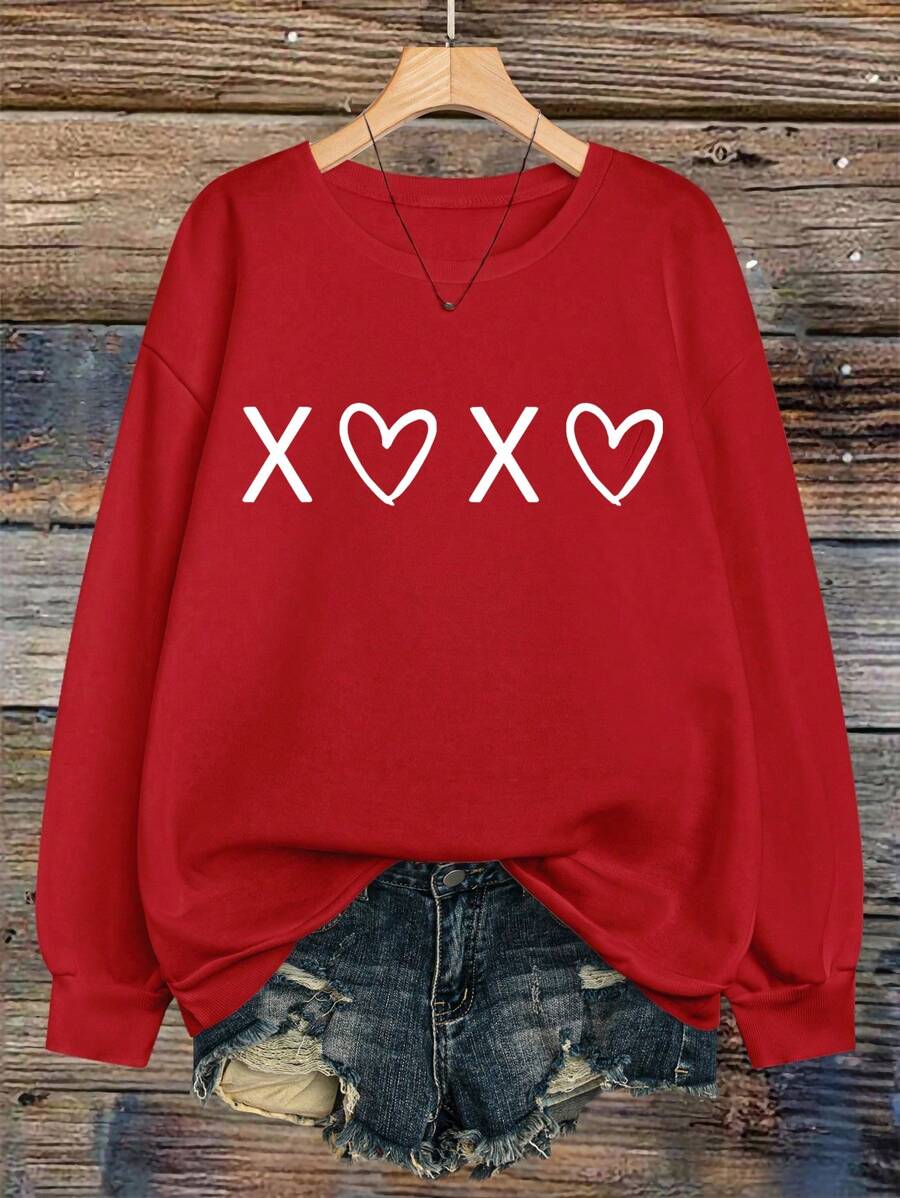 Flirla Plus Size Valentine's Day Heart Print Crew Neck Sweatshirt