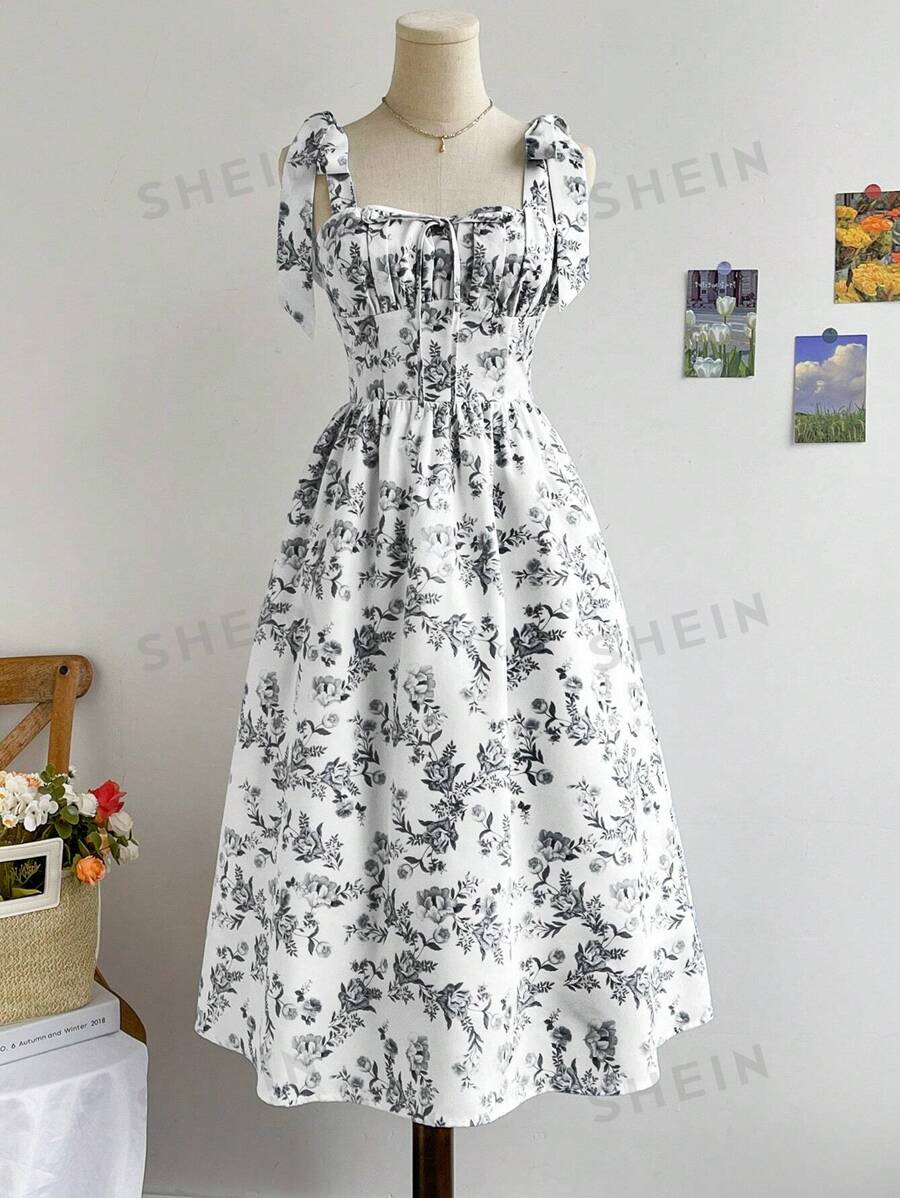 Soleia Vestido de tirantes de gasa con estampado floral y volantes para el verano, tiempo libre y vacaciones para mujeres