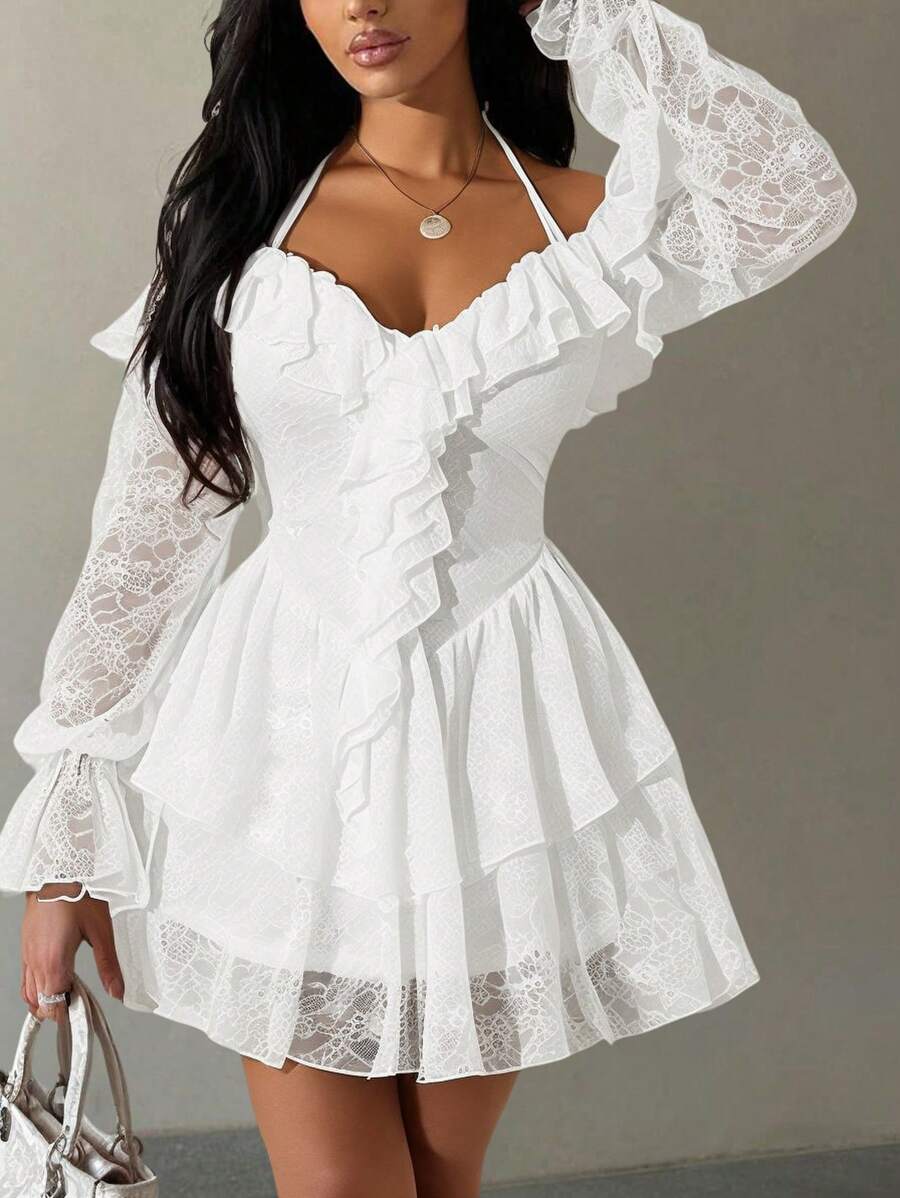 SHEIN SXY Vestido de mujer de talla grande para primavera/verano, Día de San Valentín, vacaciones, playa, verano, multicapa, unicolor, simple, de uso diario, con encaje y volante en el dobladillo, adecuado para uso cotidiano y vestuario occidental