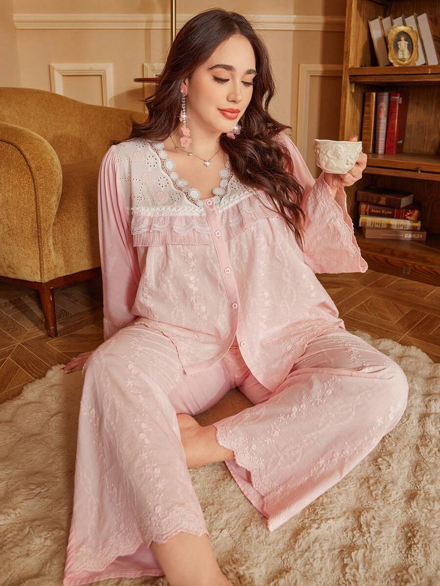 PalaceNights 3D Floral Patchwork Palace Style Embroidery Long Sleeve Pajama Set, Plus Size