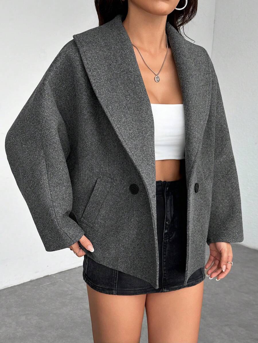 SHEIN PETITE Abrigo elegante de mezcla de lana gris, cálido para otoño e invierno, nuevo lanzamiento