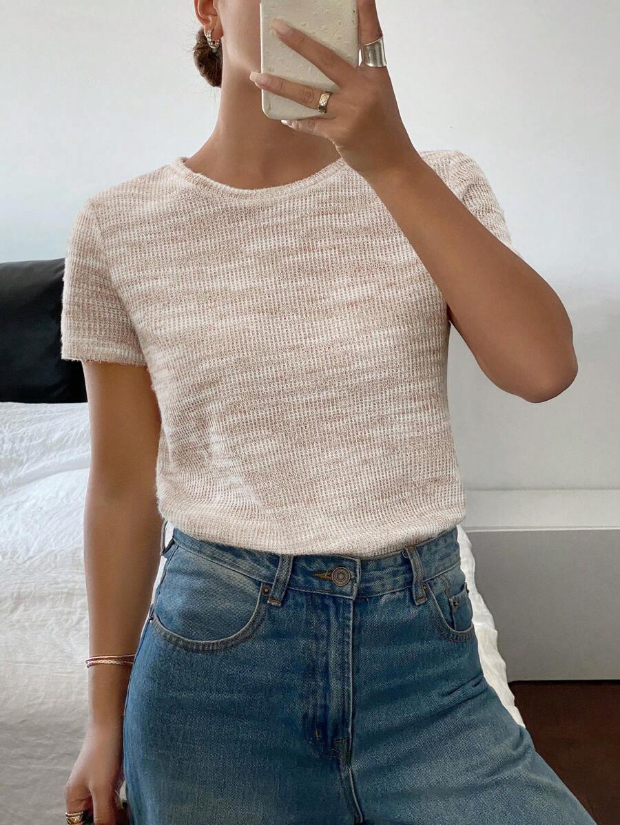 Siren Gaze Women's Tie-Dye Round Neck Casual Loose Short Sleeve T-Shirt,Waffle Texture Top,Solid Color Summer T-Shirt,For Daily Wear