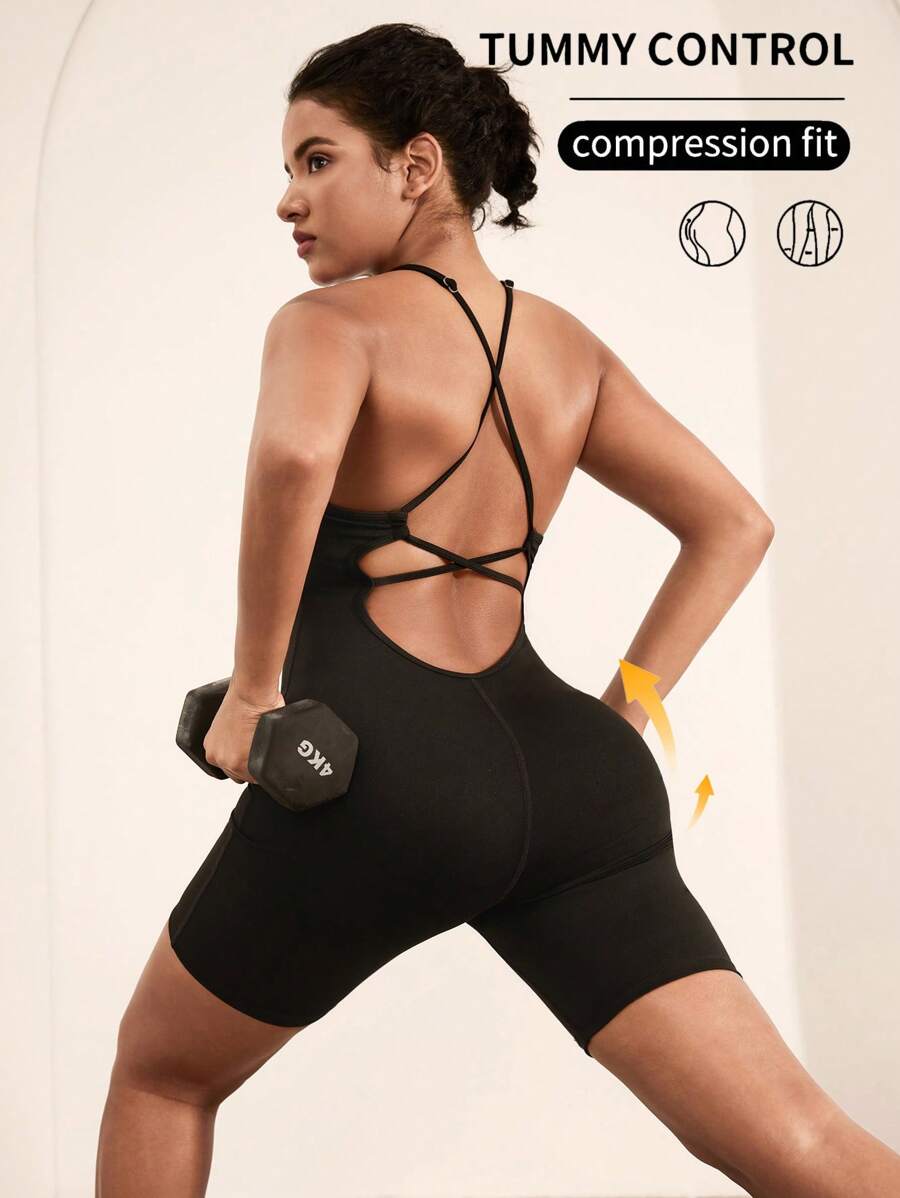 Tropiluxe Solid Color Open Back Sleeveless Yoga Sports Seamless Romper Sportwear For Daily Wear