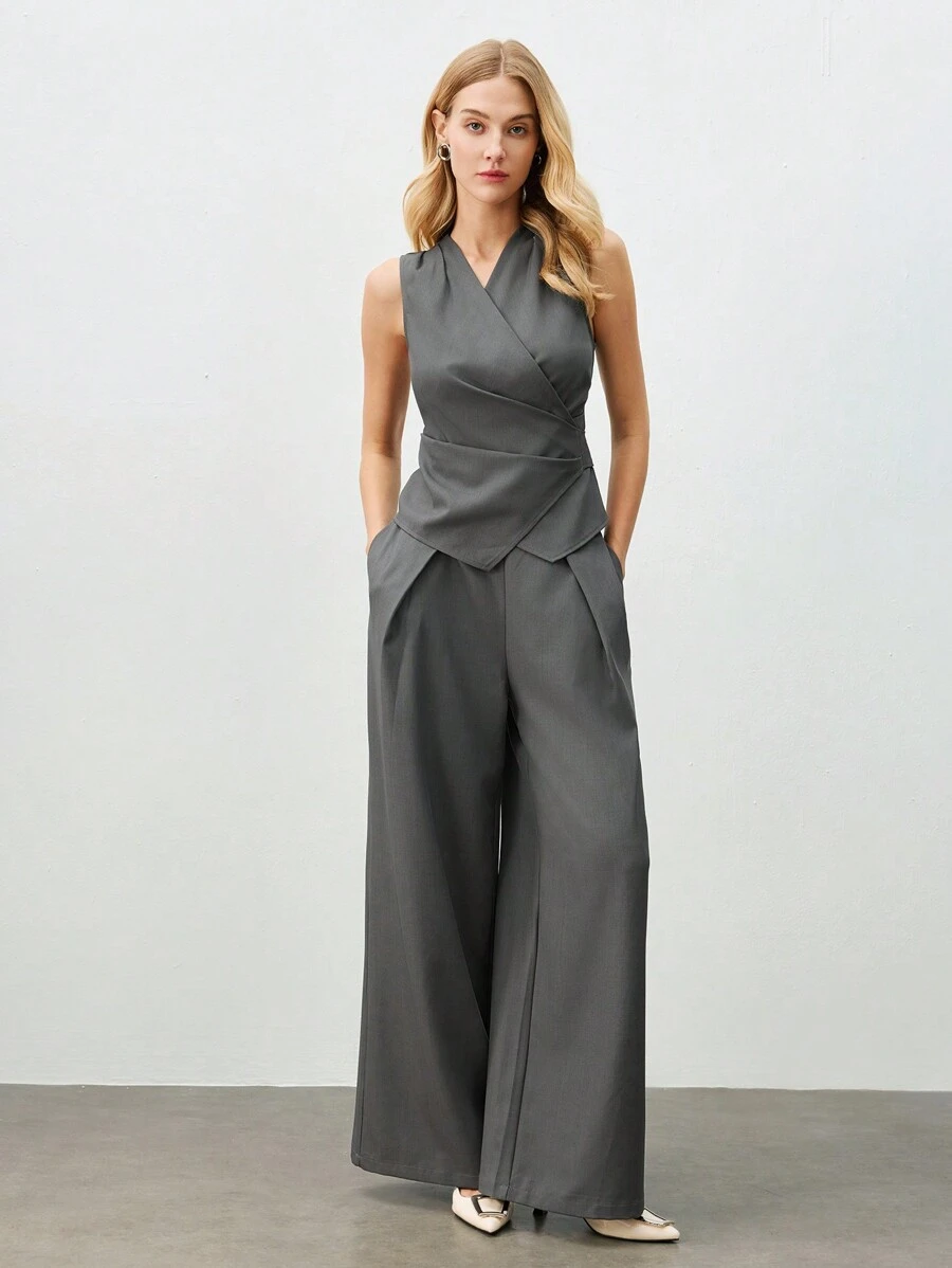 BizChic Women's Solid Color Sleeveless Blazer Suit Set With Pants