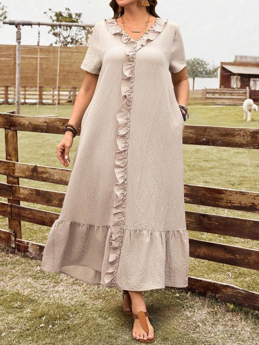 EMERY ROSE Plus Size Women Solid Color Ruffle Hem Short Sleeve Casual Dress,Western Wear Women Spring Outfits For Women Bridal Shower Dress White Vacation Country