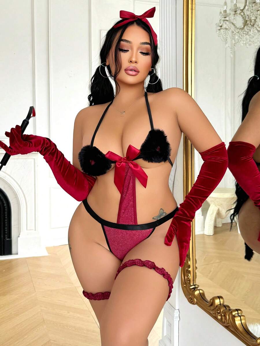 Fantasy Costume Conjunto de 4 piezas de lencería sexy de gato para tallas grandes, con tela brillante y material suave