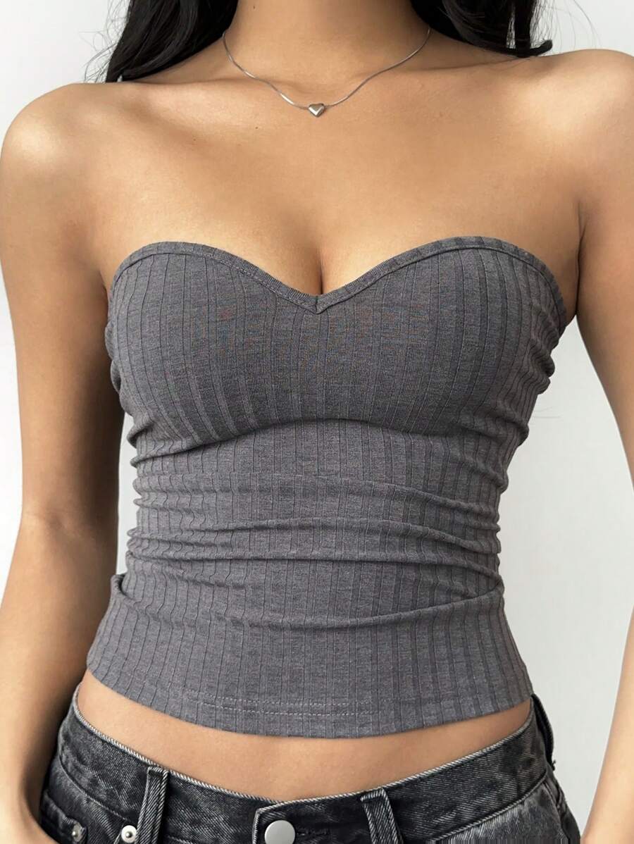 SHEIN BASICS Casual Solid Color Knit Fitted Bandeau Top For Women