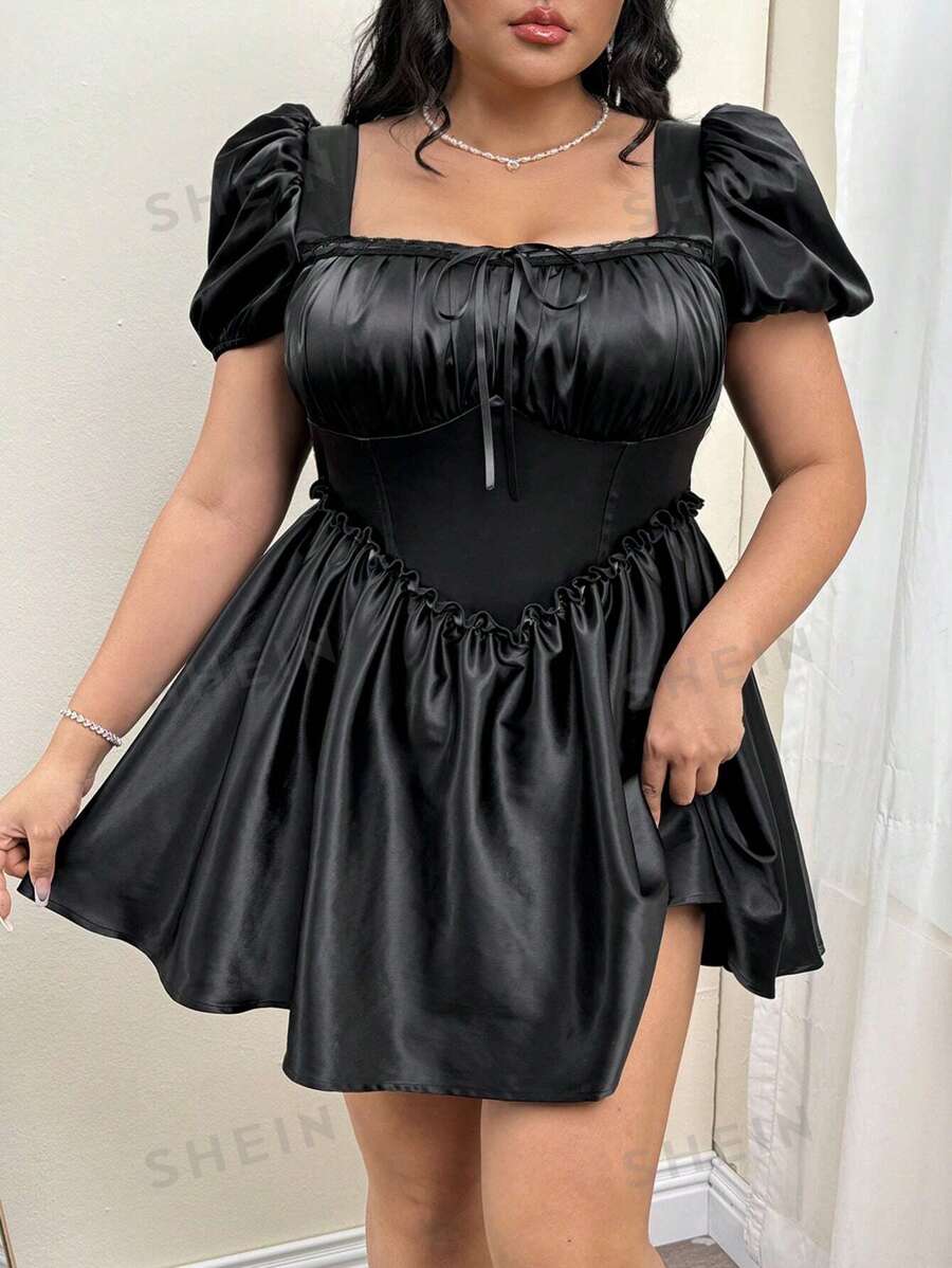 SHEIN ICON Vestido evasé con mangas abullonadas y cintura anudada, talla grande, en negro, para la temporada de bodas, vestido de primavera