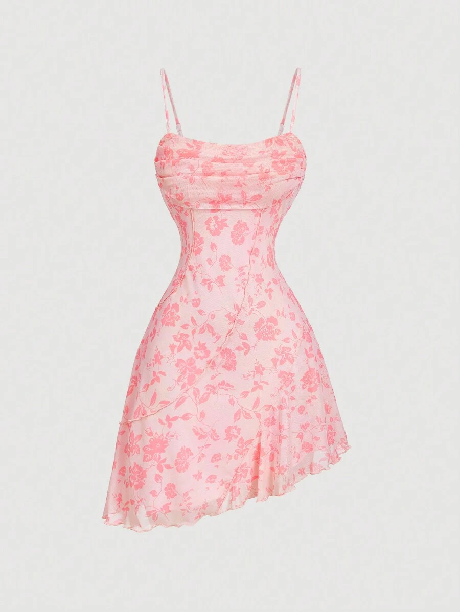 SHEIN MOD Vestido corto vintage con estampado floral en rosa oliva y verde, estilo retro de los 70s