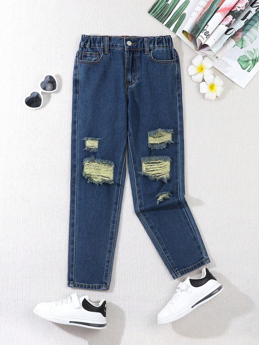 Jeans tipo mom desgarrados y rotos con cintura elástica, look casual de calle estilo bohemio para niña preadolescente, conjunto de moda diaria para chicas