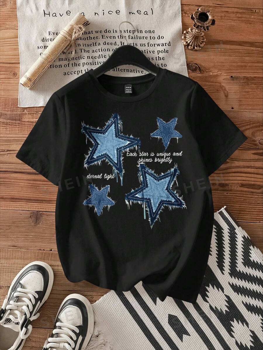 Attitoon Camiseta de manga corta de mujer de ajuste holgado con estampado de estrella azul, cuello redondo, de algodón mezclado de verano