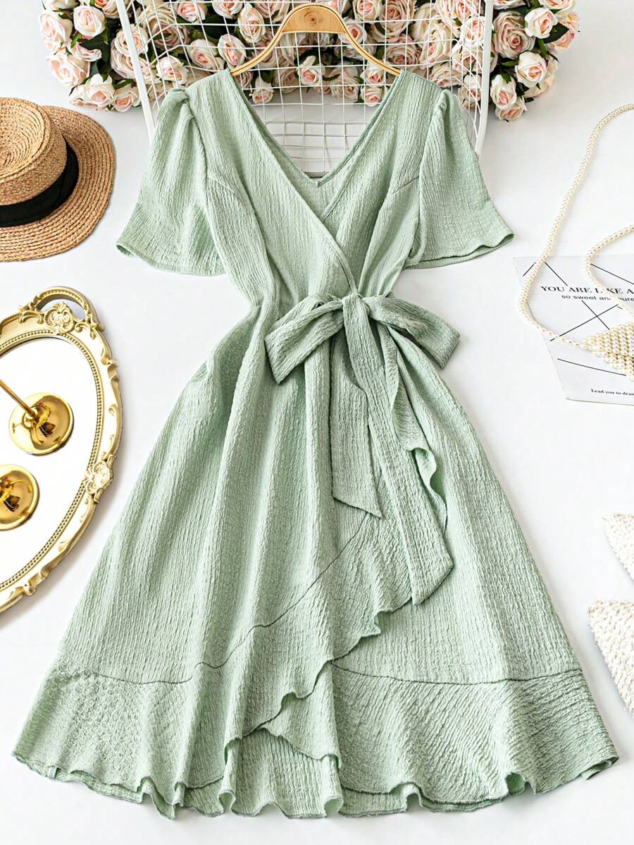 DreamSkyne Vestido mini casual/de trabajo de manga corta con cuello en V y cintura ceñida en color verde menta para mujer de talla grande, apropiado para citas, reuniones, traslados a la oficina, uso diario, Día de San Patricio y talla grande