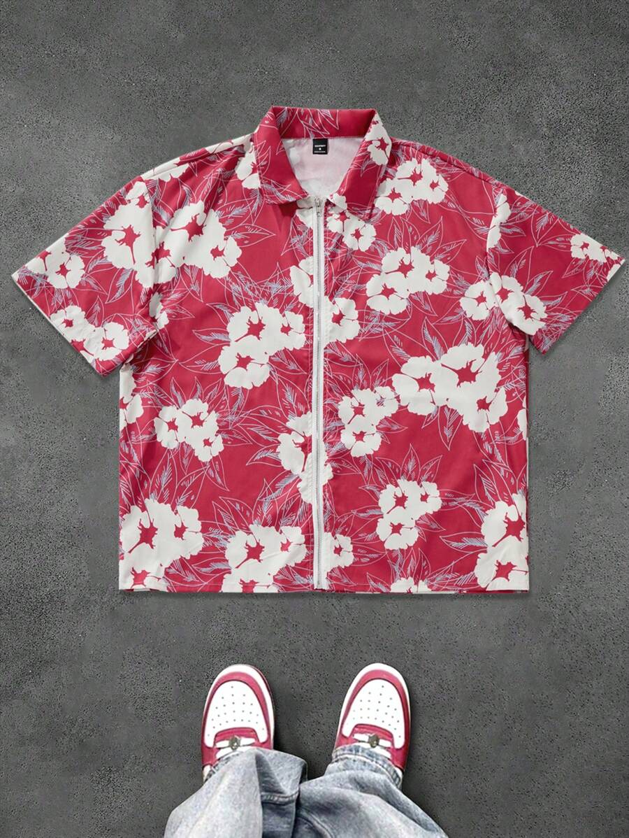 Manfinity EMRG Men's Front Zipper Short Sleeve Allover Print Simple Casual Shirt