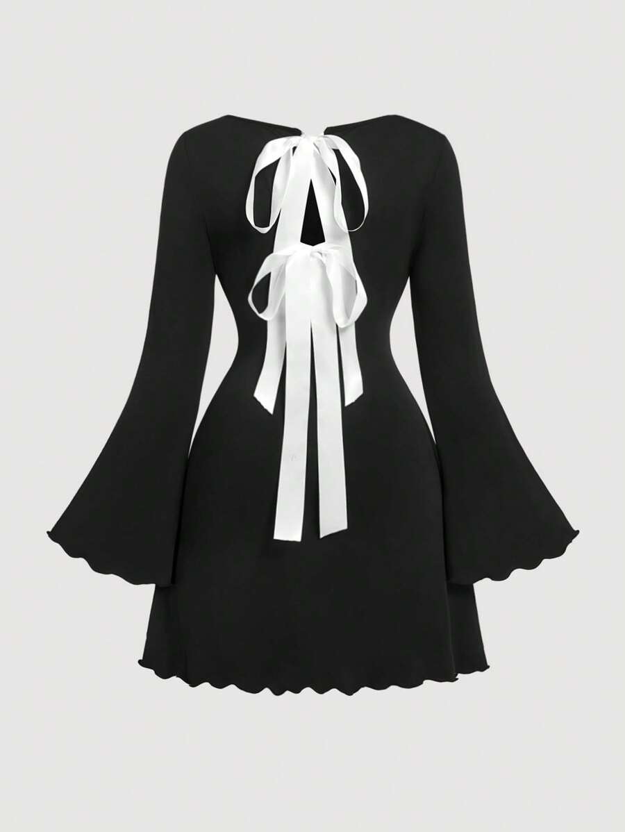 SHEIN MOD Plus Size Black Sweet Casual Backless White Butterfly Print Dress