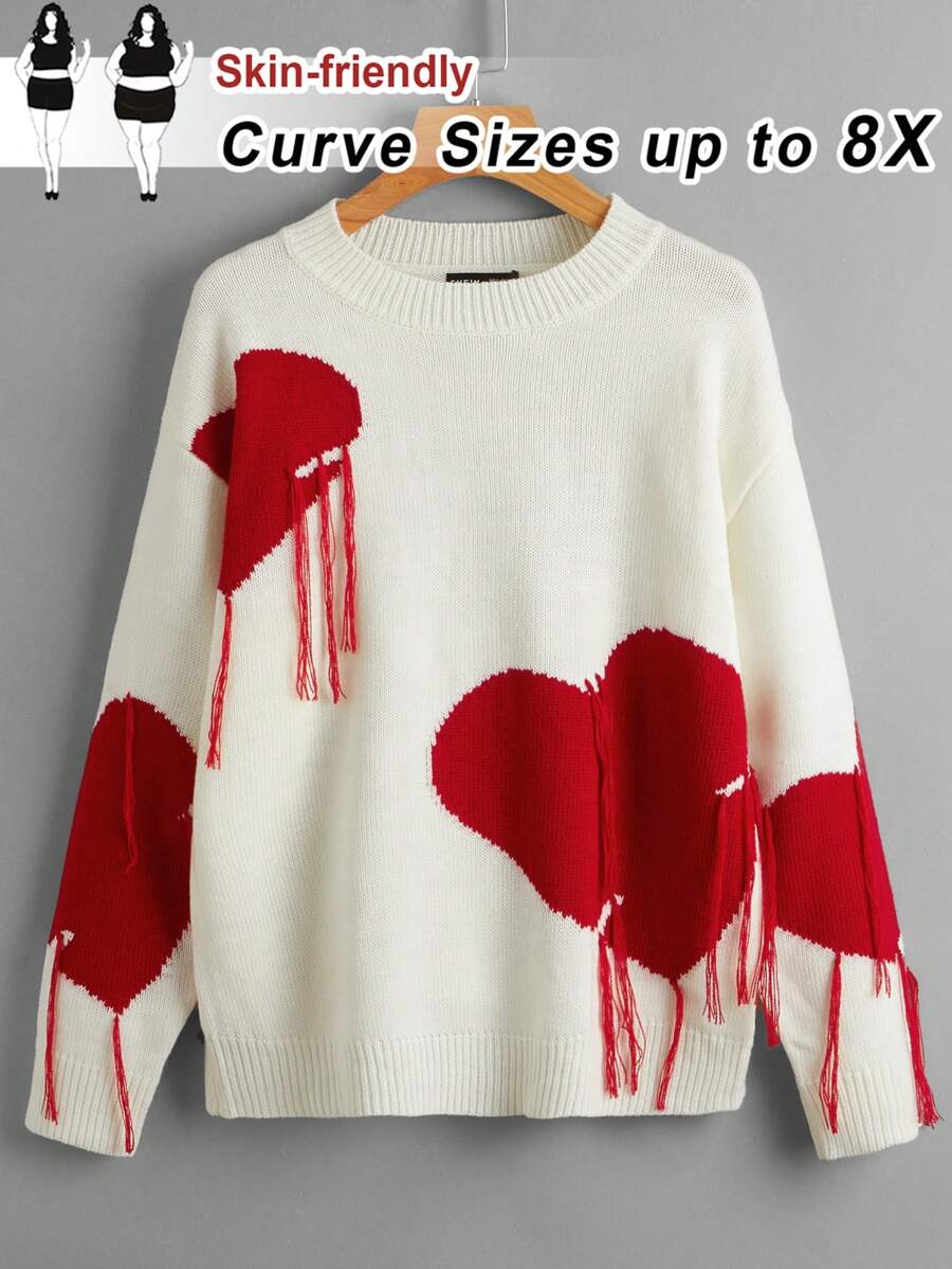 SHEIN CURVE+ Curve Plus Love Tassel Long Sleeved Heart Detail Sweater Pullover Party, Valentine's Day, Romantic Valentine's Day