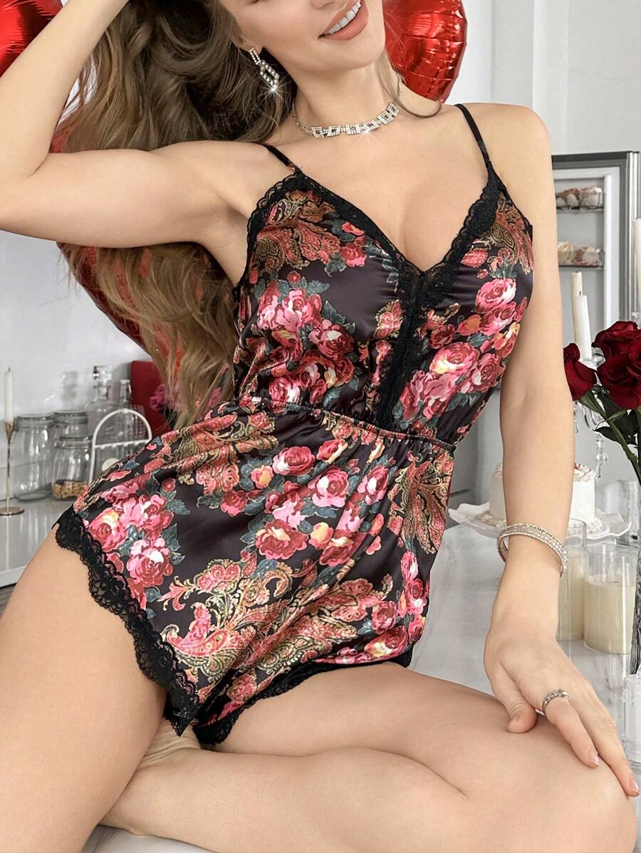 Pijama mono de satén con estampado floral, escote profundo en V, sexy, con parches de encaje para mujer
